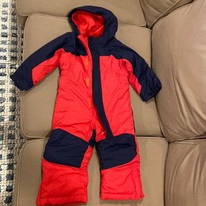 LL Bean 2T red and blue one piece cold buster snowsuit with grow cuffs